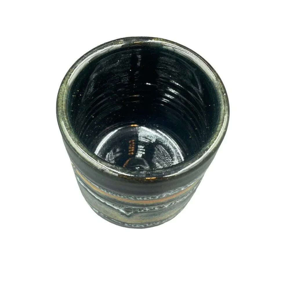Studio Art Pottery Canister Jar With Cork Lid Black Beige Drip Glaze Glossy